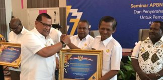 Caption : Asisten II Bidang Perekonomian Setda Papua DR. Muhammad Musa’ad, ketika menyerahkan secara simbolis penghargaan dari Kemenkeu) RI kepada Wakil Bupati Jayapura Giri Wijayantoro