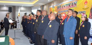 Panglima TNI, Marsekal TNI Dr. (H.C) Hadi Tjahjanto, S.I.P, selaku Ketum Pengurus Besar Forki saat melantik Pengurus FORKI Provinsi Papua Periode 2018-2022 di Suni Garden Lake Resort & Hotel, Sentani