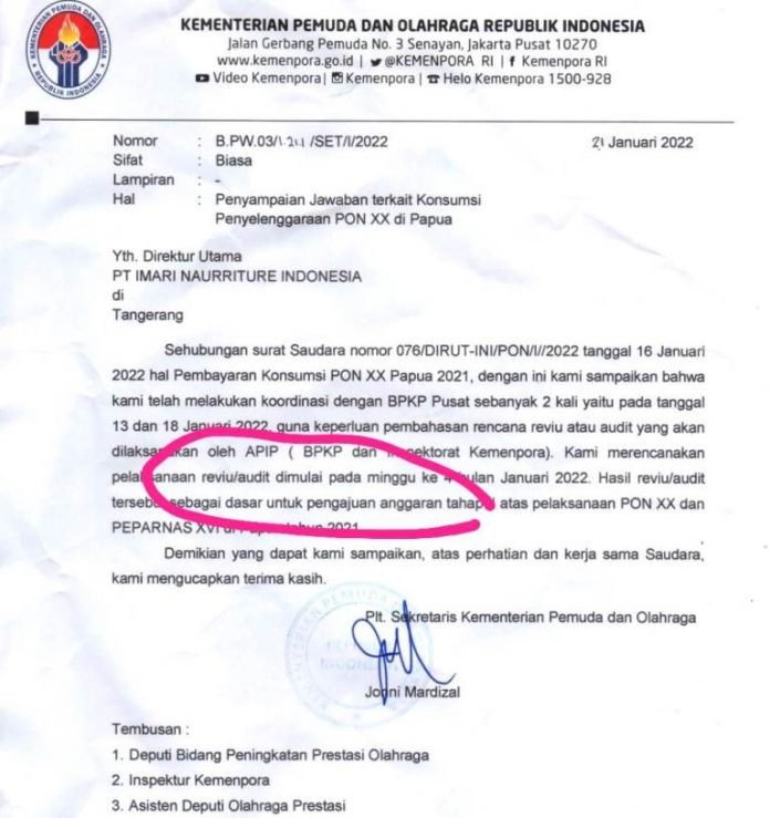 Surat jawaban dari Kementerian Pemuda dan Olahraga kepada PT Imari Nouriture Indonesia Surat jawaban dari Kementerian Pemuda dan Olahraga kepada PT Imari Nouriture Indonesia