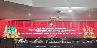 Caption : Suasana Sosialisasi Komisioner KPU Papua dengan sejumlah Tokoh di Papua yang berlangsung di Kantor KPU Papua, Kamis ((10/7/2027).