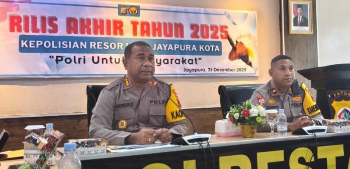 Caption : Kapolres Jayapura Kota, AKBP Fredrickus W.A. Maclarimboen, S.I.K., M.H., CPHR, didampingi Kabag Ops dan Kasat serta Kapolsek saat menyampaikan refleksi akhir tahun 2025 di Aula Mapolresta Jayapura Kota
