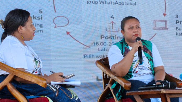 Caption : Kepala Biro Antara Papua, Dian Kandipi, saat menyampaikan materi dalam Workshop ke-3 bertajuk “Dari Berita ke Viral: Strategi Media Sosial untuk Jurnalis Papua” pada Festival Media Se-Tanah Papua, Rabu (14/1/2026).