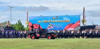 80 Tahun Bhayangkara: Polda Papua Tegaskan Pengabdian Berbasis Dialog dan Kearifan Lokal Pemeriksaan pasukan upacara oleh Kapolda Papua, Irjen Pol Petrus Patrige Rudolf Renwarin,S.H, M.Si
